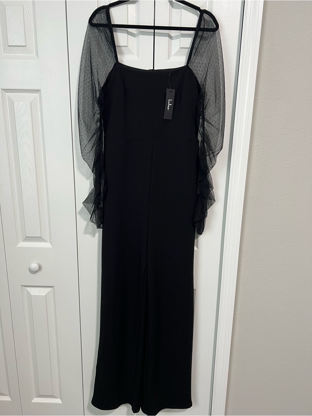 Lulu's Black Maxi Jumpsuit with Sheer Draped Sleeves